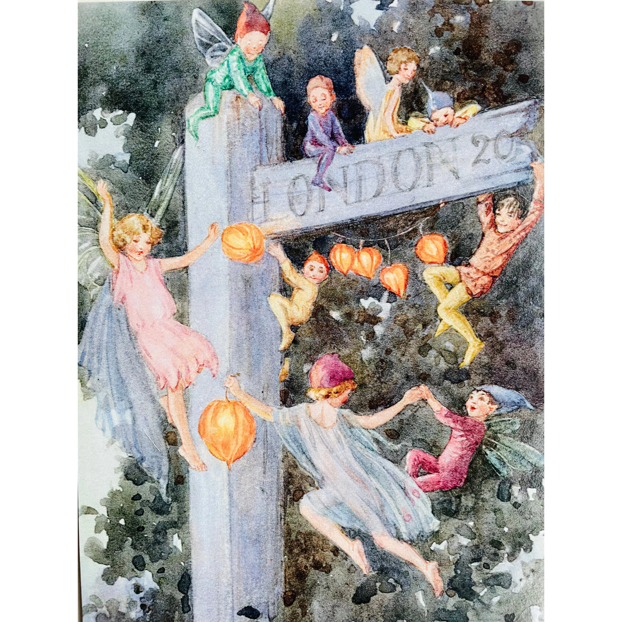 The Signpost - Fairies with Lanterns - Margaret Tarrant Postcard