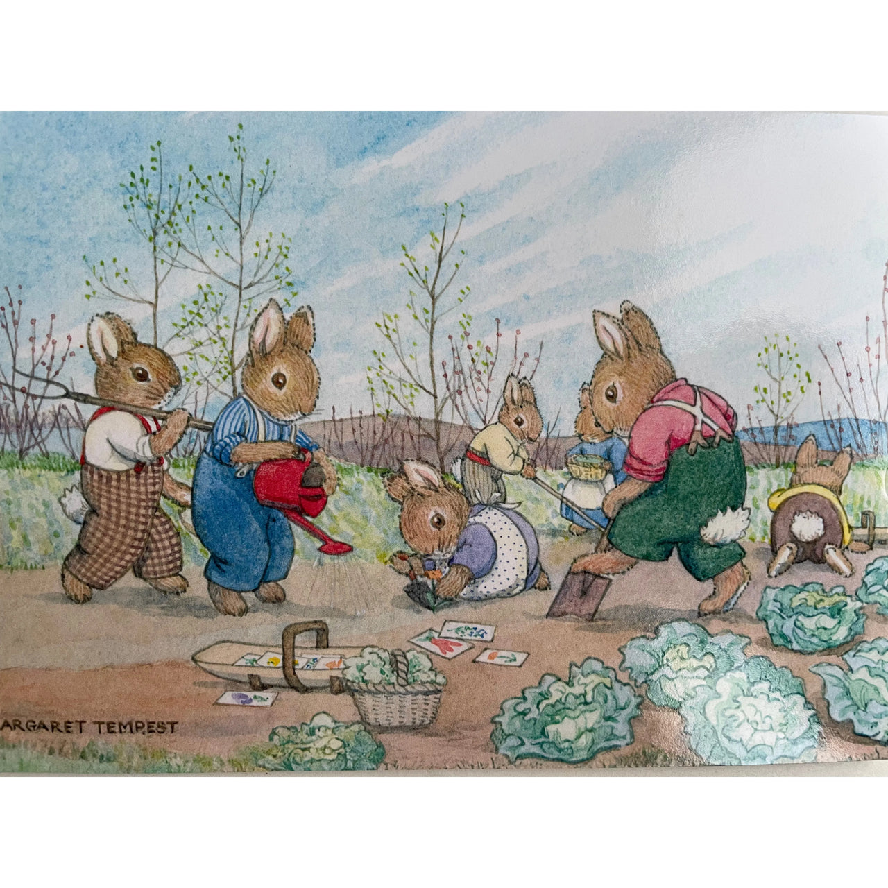 Gardening - Cute Bunnies - Margaret Tempest Postcard