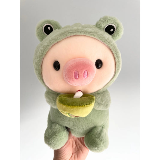 Kawaii Pig 8" Plush in Frog Costume Drinking Avocado Boba Unbranded